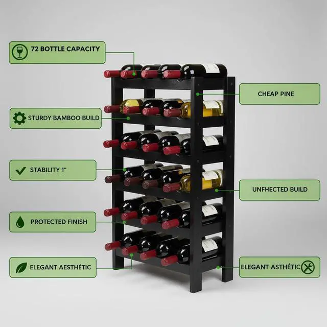 Alt view image 3 of 6 - NutriChef 72 Bottle Wine Rack Stackable Bamboo Freestanding, 8-Tier Modular Shelf, Sturdy Wobble Free, Upgraded 2026 Design, Easy No-Tool Assembly for Kitchen, Cellar or Bar 33.5" x 10" x 41" (Black)