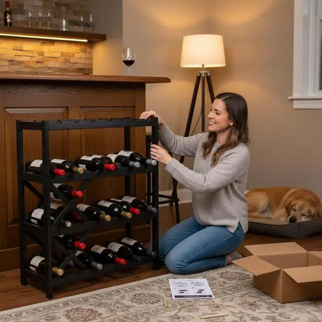 Alt view image 4 of 6 - NutriChef 72 Bottle Wine Rack Stackable Bamboo Freestanding, 8-Tier Modular Shelf, Sturdy Wobble Free, Upgraded 2026 Design, Easy No-Tool Assembly for Kitchen, Cellar or Bar 33.5" x 10" x 41" (Black)