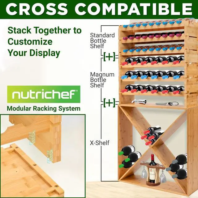 Alt view image 4 of 6 - NutriChef 108 Bottle Stackable Modular Wine Rack, Upgraded 1 Thick Sideboard, .5 Rack Sticks, Sturdy Wobble Free Natural Bamboo Construction, Protective Moisture Resistant Finish, 33.5" x 10" x 63"