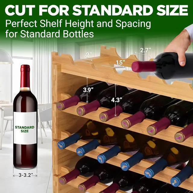 Alt view image 6 of 6 - NutriChef 108 Bottle Stackable Modular Wine Rack, Upgraded 1 Thick Sideboard, .5 Rack Sticks, Sturdy Wobble Free Natural Bamboo Construction, Protective Moisture Resistant Finish, 33.5" x 10" x 63"