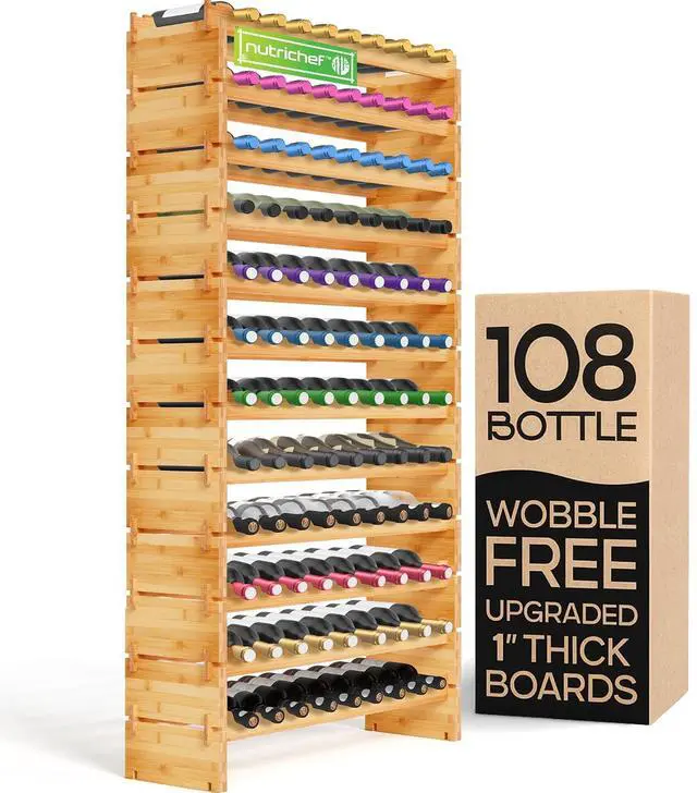 Main image of NutriChef 108 Bottle Stackable Modular Wine Rack, Upgraded 1 Thick Sideboard, .5 Rack Sticks, Sturdy Wobble Free Natural Bamboo Construction, Protective Moisture Resistant Finish, 33.5" x 10" x 63"