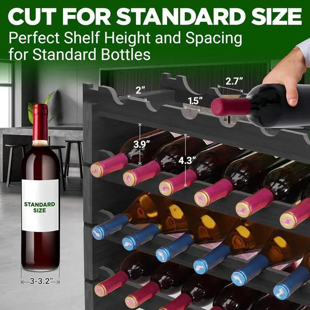 Alt view image 6 of 6 - NutriChef 72 Bottle Wine Rack Stackable Bamboo Freestanding, 8-Tier Modular Shelf, Sturdy Wobble Free, Upgraded 2026 Design, Easy No-Tool Assembly for Kitchen, Cellar or Bar 33.5" x 10" x 41" (Black)