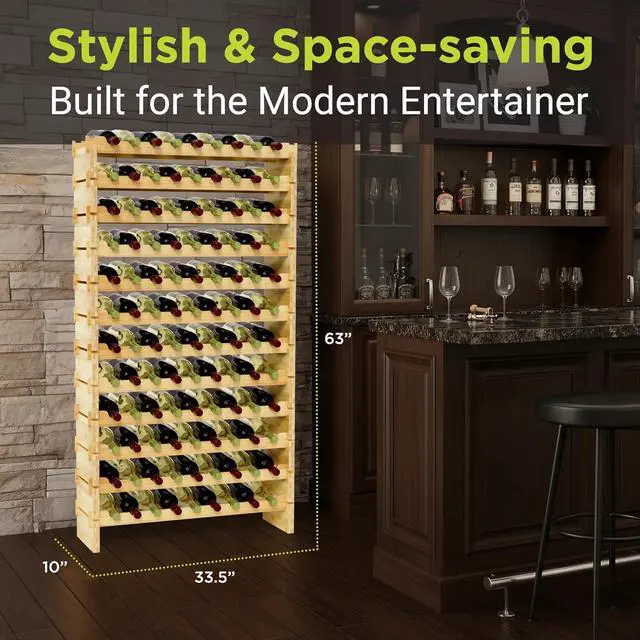 Alt view image 2 of 6 - NutriChef 108 Bottle Stackable Modular Wine Rack, Upgraded 1 Thick Sideboard, .5 Rack Sticks, Sturdy Wobble Free Natural Bamboo Construction, Protective Moisture Resistant Finish, 33.5" x 10" x 63"