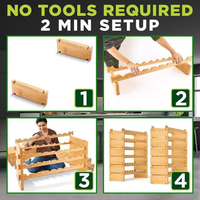 Alt view image 5 of 6 - NutriChef 108 Bottle Stackable Modular Wine Rack, Upgraded 1 Thick Sideboard, .5 Rack Sticks, Sturdy Wobble Free Natural Bamboo Construction, Protective Moisture Resistant Finish, 33.5" x 10" x 63"