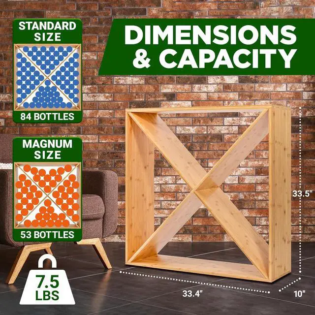 Alt view image 3 of 7 - Nutrichef X Self Oversize Stackable Modular Wine Rack, Fits Up to 84 Standard Size Bottles Compatible and Stackable w/All Wine Racks - Bamboo Construction with Anti Moisture Protective Finish