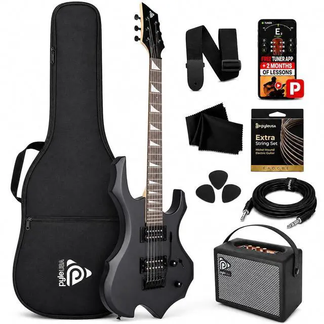 Main image of Pyle Heavy Metal EG Fire Electric Guitar Axe w/ Amplifier Kit, Full Size Instrument w/ Practice Amp & Accessories, Metal Axe, Black