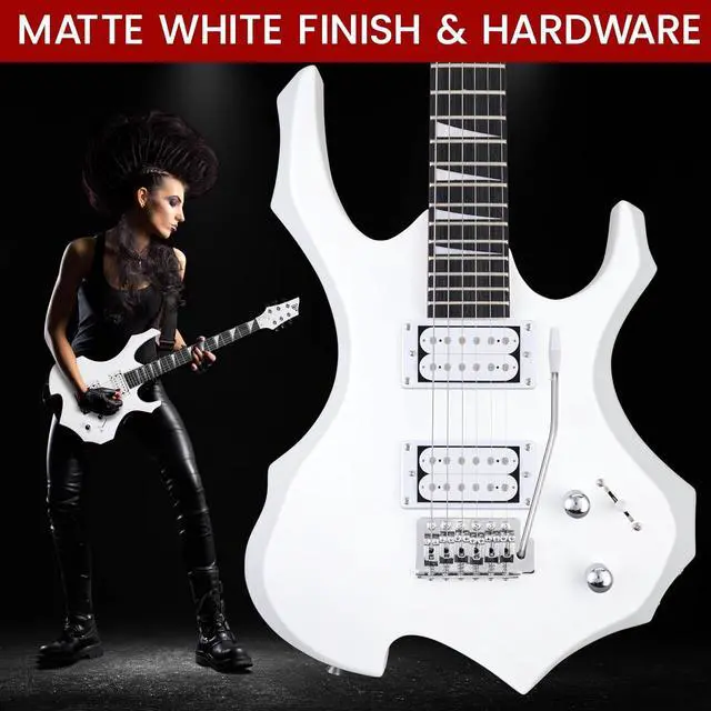 Alt view image 3 of 7 - Pyle Heavy Metal EG Fire Electric Guitar Axe w/ Amplifier Kit, Full Size Instrument w/ Practice Amp & Accessories, Metal Axe, White