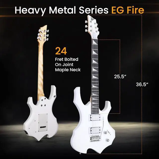 Alt view image 2 of 7 - Pyle Heavy Metal EG Fire Electric Guitar Axe w/ Amplifier Kit, Full Size Instrument w/ Practice Amp & Accessories, Metal Axe, White