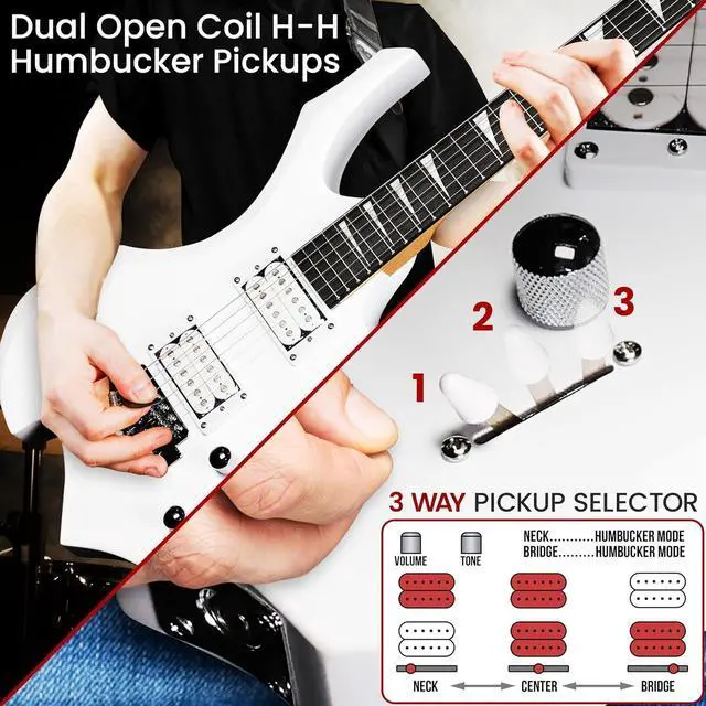 Alt view image 5 of 7 - Pyle Heavy Metal EG Fire Electric Guitar Axe w/ Amplifier Kit, Full Size Instrument w/ Practice Amp & Accessories, Metal Axe, White