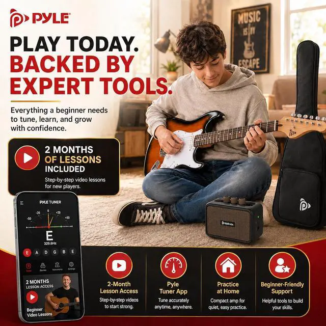 Alt view image 7 of 7 - Pyle Electric Guitar and Amp Kit - Full Size 39" Complete Starter Kit with Wearable Bluetooth Amplifier, 1/4 Cable, Carry Case, Strap, Strings, Picks, Cleaning Cloth, ST-Style Pickups (Sun Burst)