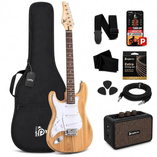 Main image of Pyle Left Handed Electric Guitar and Amp Kit - Full Size 39" Starter Kit with Wearable Bluetooth Amplifier, 1/4 Cable, Zip Case, Strap, Strings, Picks, Cleaning Cloth, ST-Style, (Natural Lefty)