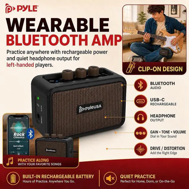 Alt view image 3 of 6 - Pyle Left Handed Electric Guitar and Amp Kit - Full Size 39" Starter Kit with Wearable Bluetooth Amplifier, 1/4 Cable, Zip Case, Strap, Strings, Picks, Cleaning Cloth, ST-Style, (Natural Lefty)