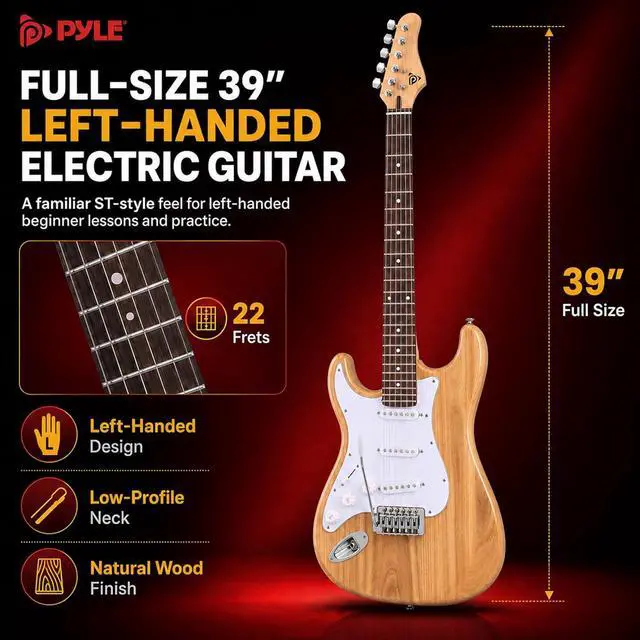 Alt view image 4 of 6 - Pyle Left Handed Electric Guitar and Amp Kit - Full Size 39" Starter Kit with Wearable Bluetooth Amplifier, 1/4 Cable, Zip Case, Strap, Strings, Picks, Cleaning Cloth, ST-Style, (Natural Lefty)