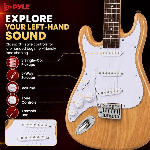 Alt view image 5 of 6 - Pyle Left Handed Electric Guitar and Amp Kit - Full Size 39" Starter Kit with Wearable Bluetooth Amplifier, 1/4 Cable, Zip Case, Strap, Strings, Picks, Cleaning Cloth, ST-Style, (Natural Lefty)