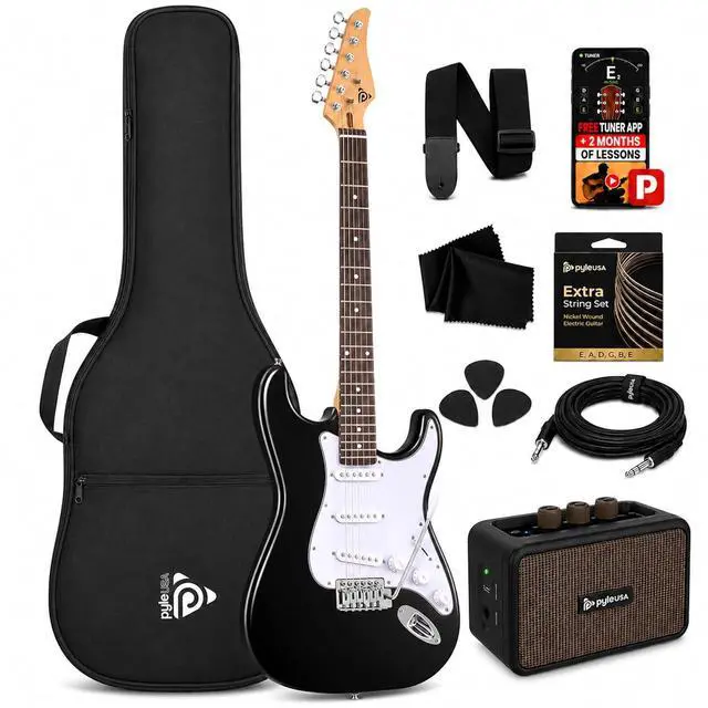 Main image of Pyle Electric Guitar and Amp Kit - Full Size 39" Complete Starter Kit with Wearable Bluetooth Amplifier, 1/4 Cable, Carry Case, Strap, Strings, Picks, Cleaning Cloth, ST-Style Pickups (Black)