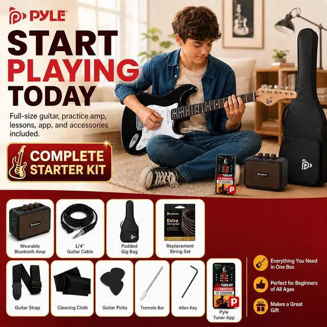 Alt view image 2 of 7 - Pyle Electric Guitar and Amp Kit - Full Size 39" Complete Starter Kit with Wearable Bluetooth Amplifier, 1/4 Cable, Carry Case, Strap, Strings, Picks, Cleaning Cloth, ST-Style Pickups (Black)