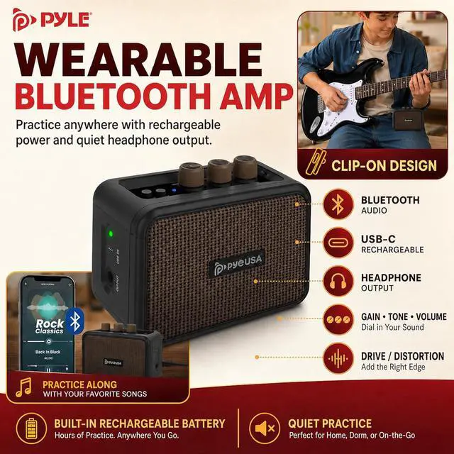 Alt view image 3 of 7 - Pyle Electric Guitar and Amp Kit - Full Size 39" Complete Starter Kit with Wearable Bluetooth Amplifier, 1/4 Cable, Carry Case, Strap, Strings, Picks, Cleaning Cloth, ST-Style Pickups (Black)