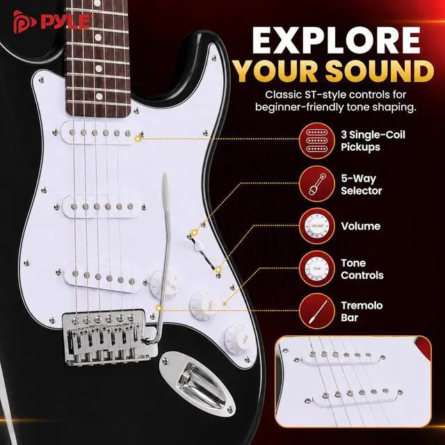 Alt view image 5 of 7 - Pyle Electric Guitar and Amp Kit - Full Size 39" Complete Starter Kit with Wearable Bluetooth Amplifier, 1/4 Cable, Carry Case, Strap, Strings, Picks, Cleaning Cloth, ST-Style Pickups (Black)