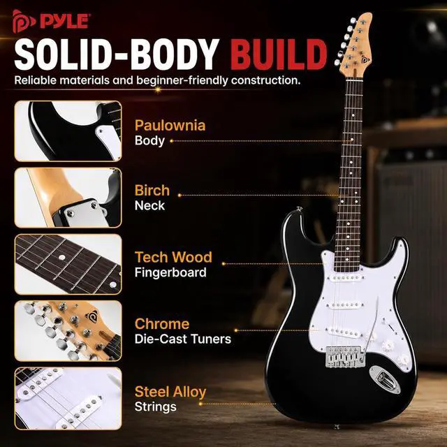Alt view image 6 of 7 - Pyle Electric Guitar and Amp Kit - Full Size 39" Complete Starter Kit with Wearable Bluetooth Amplifier, 1/4 Cable, Carry Case, Strap, Strings, Picks, Cleaning Cloth, ST-Style Pickups (Black)