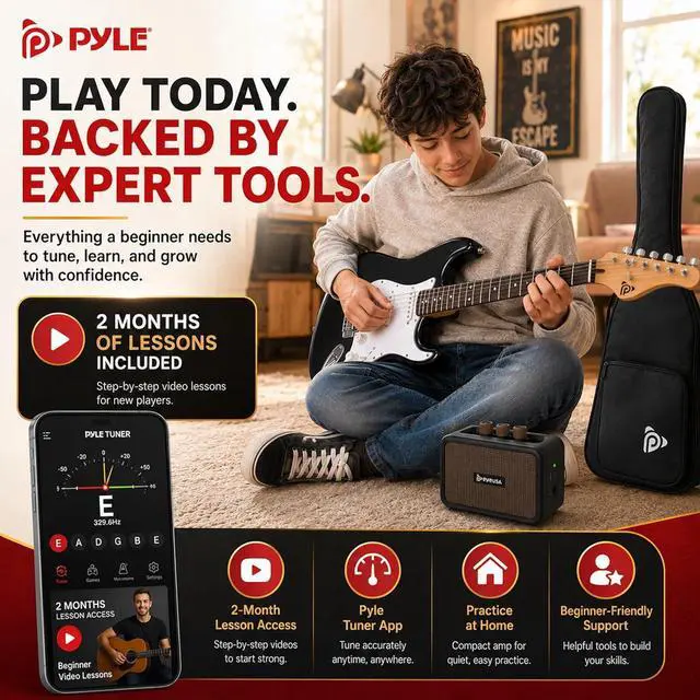 Alt view image 7 of 7 - Pyle Electric Guitar and Amp Kit - Full Size 39" Complete Starter Kit with Wearable Bluetooth Amplifier, 1/4 Cable, Carry Case, Strap, Strings, Picks, Cleaning Cloth, ST-Style Pickups (Black)