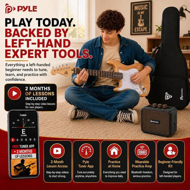 Alt view image 6 of 6 - Pyle Left Handed Electric Guitar and Amp Kit - Full Size 39" Starter Kit with Wearable Bluetooth Amplifier, 1/4 Cable, Zip Case, Strap, Strings, Picks, Cleaning Cloth, ST-Style, (Natural Lefty)