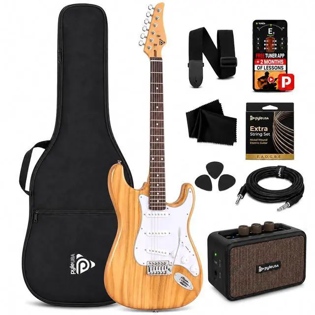 Main image of Pyle Electric Guitar and Amp Kit - Full Size 39" Complete Starter Kit with Wearable Bluetooth Amplifier, 1/4 Cable, Carry Case, Strap, Strings, Picks, Cleaning Cloth, ST-Style Pickups (Natural)