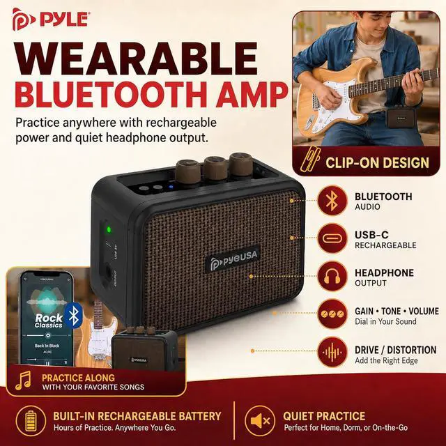 Alt view image 3 of 7 - Pyle Electric Guitar and Amp Kit - Full Size 39" Complete Starter Kit with Wearable Bluetooth Amplifier, 1/4 Cable, Carry Case, Strap, Strings, Picks, Cleaning Cloth, ST-Style Pickups (Natural)