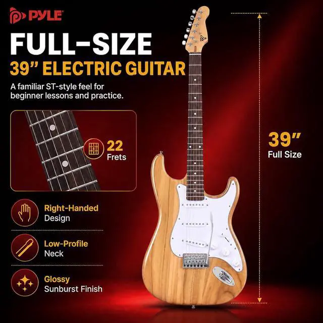 Alt view image 4 of 7 - Pyle Electric Guitar and Amp Kit - Full Size 39" Complete Starter Kit with Wearable Bluetooth Amplifier, 1/4 Cable, Carry Case, Strap, Strings, Picks, Cleaning Cloth, ST-Style Pickups (Natural)