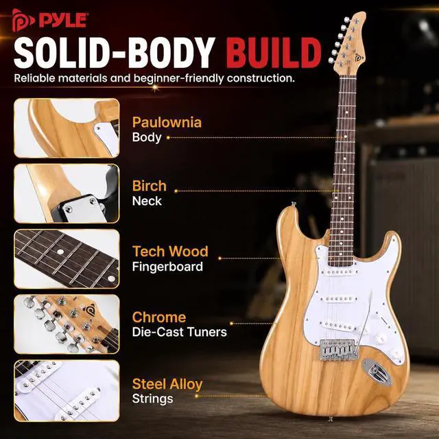 Alt view image 6 of 7 - Pyle Electric Guitar and Amp Kit - Full Size 39" Complete Starter Kit with Wearable Bluetooth Amplifier, 1/4 Cable, Carry Case, Strap, Strings, Picks, Cleaning Cloth, ST-Style Pickups (Natural)