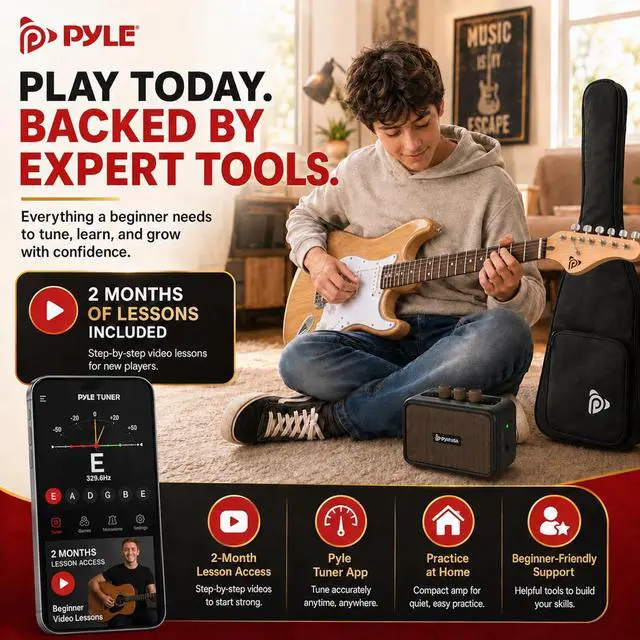 Alt view image 7 of 7 - Pyle Electric Guitar and Amp Kit - Full Size 39" Complete Starter Kit with Wearable Bluetooth Amplifier, 1/4 Cable, Carry Case, Strap, Strings, Picks, Cleaning Cloth, ST-Style Pickups (Natural)