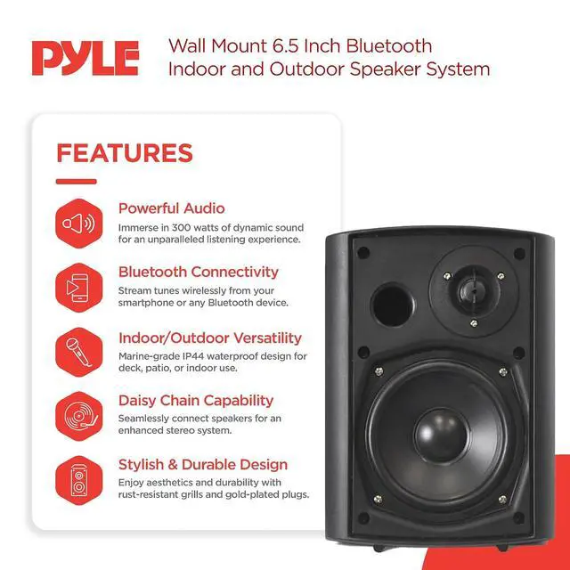 Alt view image 2 of 7 - Pyle 6.5-Inch Wall Mount Waterproof Bluetooth Speaker System Indoor/Outdoor Audio Pair with Built-in Digital Amplifier, Weather-Resistant Housing, High-Power Sound, Easy Installation (Black)