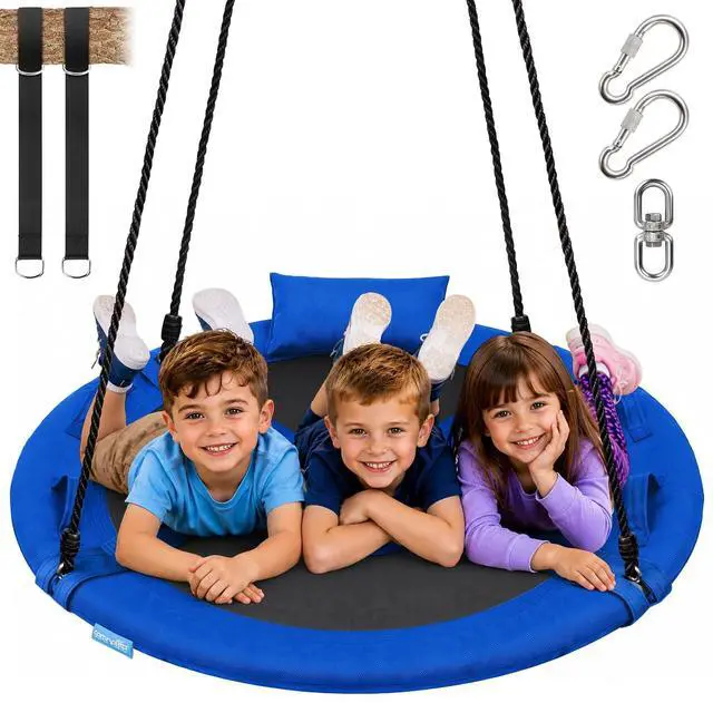 Main image of SereneLife Saucer Swing, Tree Swing, 40 Inch, 900lb Heavy Duty Capacity for Kids, 900D Oxford Waterproof Seat, Adjustable Height Ropes, 2 Strap Tree Hang Kit, Center Swivel Spinner, Blue