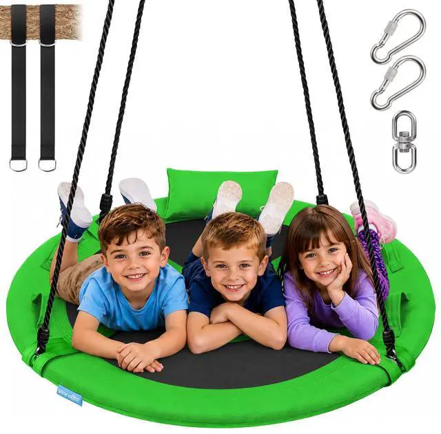 Main image of SereneLife Saucer Swing, Tree Swing, 40 Inch, 900lb Heavy Duty Capacity for Kids, 900D Oxford Waterproof Seat, Adjustable Height Ropes, 2 Strap Tree Hang Kit, Center Swivel Spinner, Green