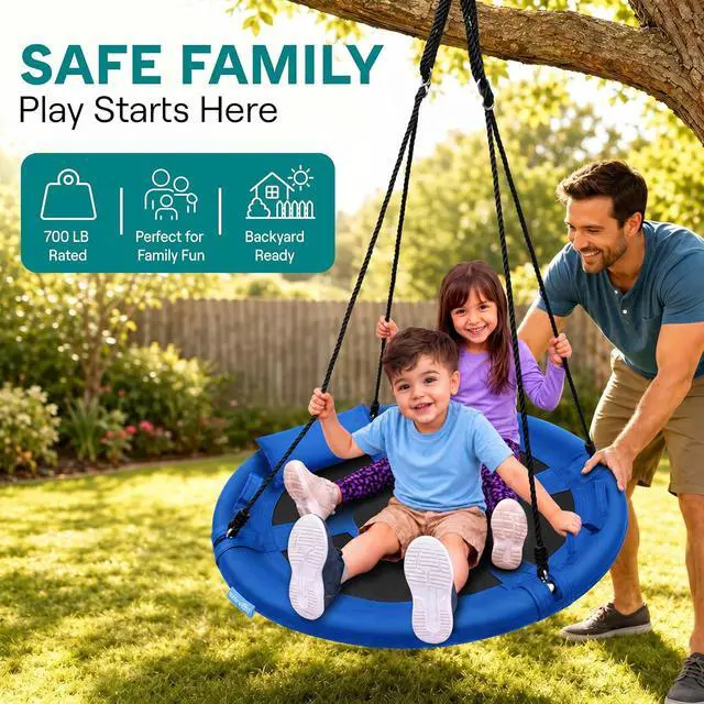 Alt view image 2 of 7 - SereneLife Saucer Swing, Tree Swing, 40 Inch, 900lb Heavy Duty Capacity for Kids, 900D Oxford Waterproof Seat, Adjustable Height Ropes, 2 Strap Tree Hang Kit, Center Swivel Spinner, Blue