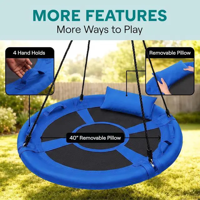 Alt view image 3 of 7 - SereneLife Saucer Swing, Tree Swing, 40 Inch, 900lb Heavy Duty Capacity for Kids, 900D Oxford Waterproof Seat, Adjustable Height Ropes, 2 Strap Tree Hang Kit, Center Swivel Spinner, Blue