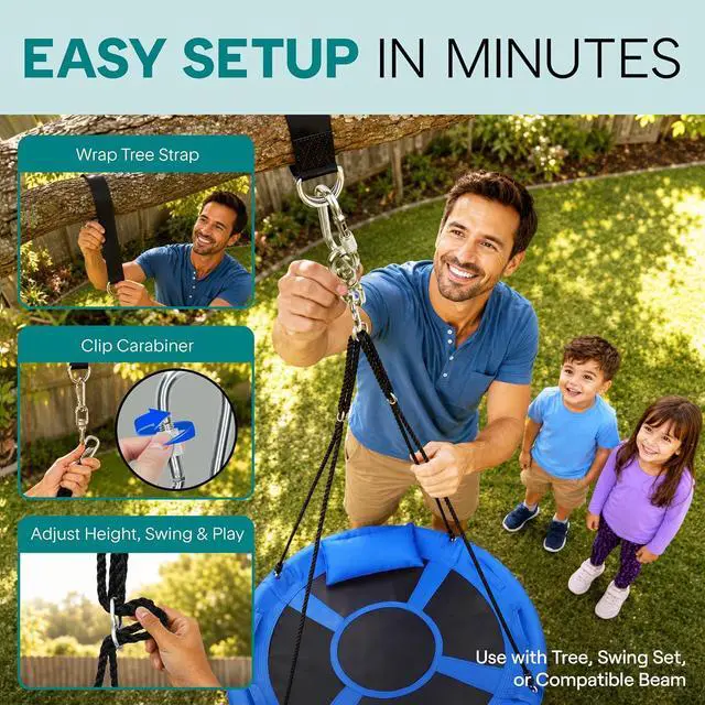 Alt view image 5 of 7 - SereneLife Saucer Swing, Tree Swing, 40 Inch, 900lb Heavy Duty Capacity for Kids, 900D Oxford Waterproof Seat, Adjustable Height Ropes, 2 Strap Tree Hang Kit, Center Swivel Spinner, Blue
