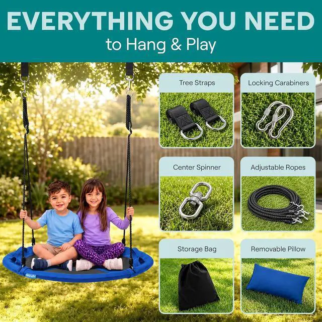 Alt view image 4 of 7 - SereneLife Saucer Swing, Tree Swing, 40 Inch, 900lb Heavy Duty Capacity for Kids, 900D Oxford Waterproof Seat, Adjustable Height Ropes, 2 Strap Tree Hang Kit, Center Swivel Spinner, Blue
