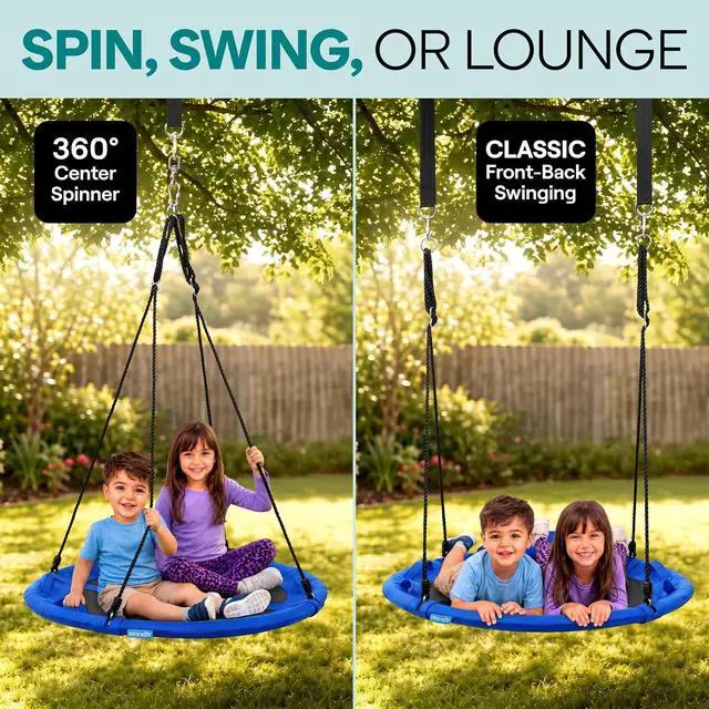 Alt view image 6 of 7 - SereneLife Saucer Swing, Tree Swing, 40 Inch, 900lb Heavy Duty Capacity for Kids, 900D Oxford Waterproof Seat, Adjustable Height Ropes, 2 Strap Tree Hang Kit, Center Swivel Spinner, Blue