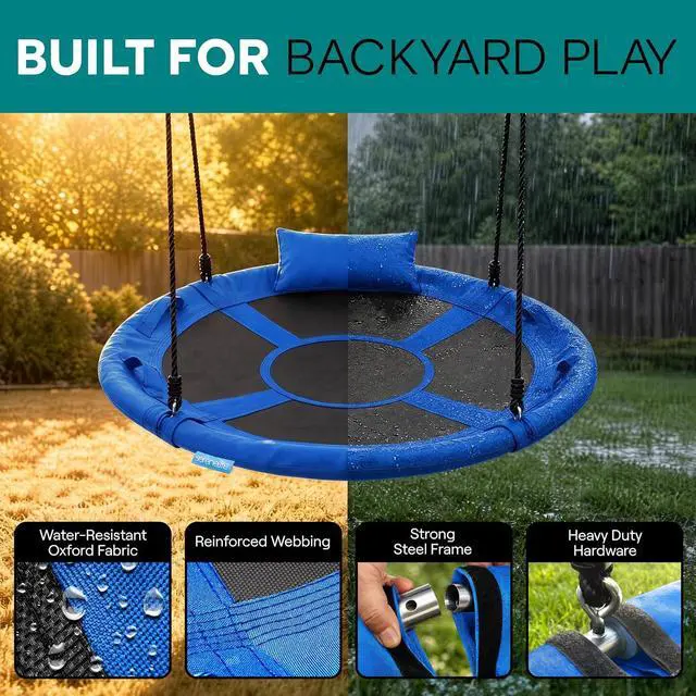 Alt view image 7 of 7 - SereneLife Saucer Swing, Tree Swing, 40 Inch, 900lb Heavy Duty Capacity for Kids, 900D Oxford Waterproof Seat, Adjustable Height Ropes, 2 Strap Tree Hang Kit, Center Swivel Spinner, Blue