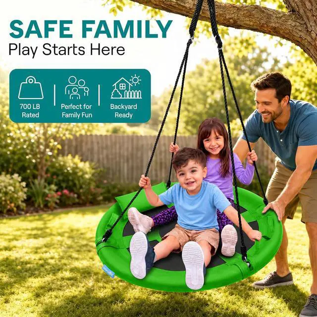 Alt view image 2 of 7 - SereneLife Saucer Swing, Tree Swing, 40 Inch, 900lb Heavy Duty Capacity for Kids, 900D Oxford Waterproof Seat, Adjustable Height Ropes, 2 Strap Tree Hang Kit, Center Swivel Spinner, Green