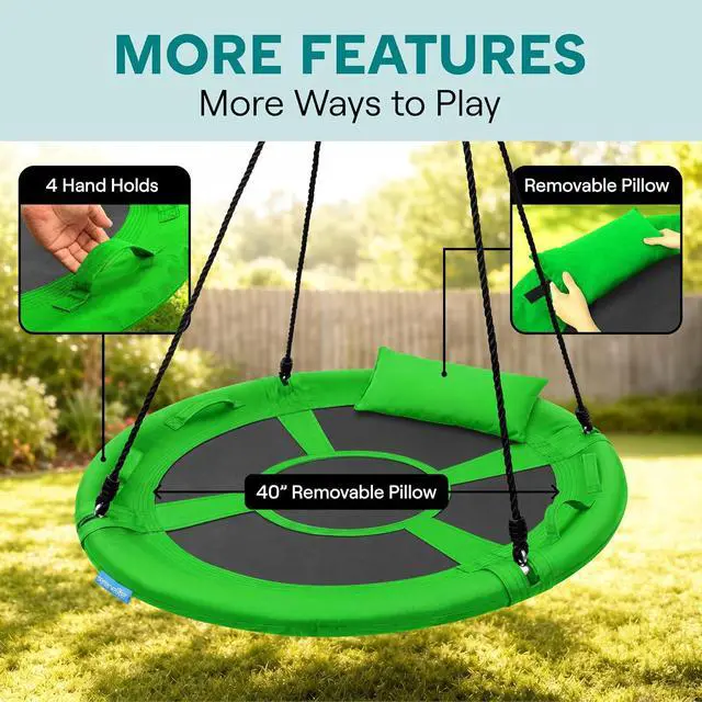 Alt view image 3 of 7 - SereneLife Saucer Swing, Tree Swing, 40 Inch, 900lb Heavy Duty Capacity for Kids, 900D Oxford Waterproof Seat, Adjustable Height Ropes, 2 Strap Tree Hang Kit, Center Swivel Spinner, Green