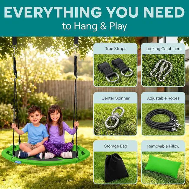 Alt view image 4 of 7 - SereneLife Saucer Swing, Tree Swing, 40 Inch, 900lb Heavy Duty Capacity for Kids, 900D Oxford Waterproof Seat, Adjustable Height Ropes, 2 Strap Tree Hang Kit, Center Swivel Spinner, Green