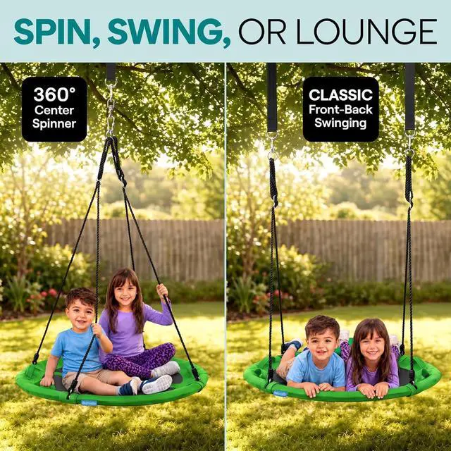 Alt view image 6 of 7 - SereneLife Saucer Swing, Tree Swing, 40 Inch, 900lb Heavy Duty Capacity for Kids, 900D Oxford Waterproof Seat, Adjustable Height Ropes, 2 Strap Tree Hang Kit, Center Swivel Spinner, Green