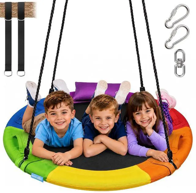 Main image of SereneLife Saucer Swing, Tree Swing, 40 Inch, 900lb Heavy Duty Capacity for Kids, 900D Oxford Waterproof Seat, Adjustable Height Ropes, 2 Strap Tree Hang Kit, Center Swivel Spinner, Rainbow