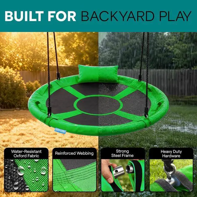 Alt view image 7 of 7 - SereneLife Saucer Swing, Tree Swing, 40 Inch, 900lb Heavy Duty Capacity for Kids, 900D Oxford Waterproof Seat, Adjustable Height Ropes, 2 Strap Tree Hang Kit, Center Swivel Spinner, Green