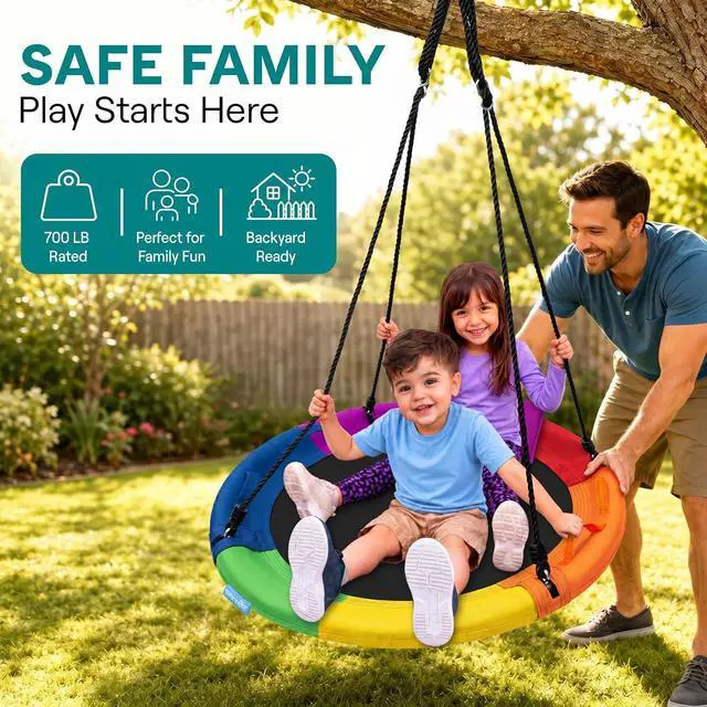 Alt view image 2 of 7 - SereneLife Saucer Swing, Tree Swing, 40 Inch, 900lb Heavy Duty Capacity for Kids, 900D Oxford Waterproof Seat, Adjustable Height Ropes, 2 Strap Tree Hang Kit, Center Swivel Spinner, Rainbow