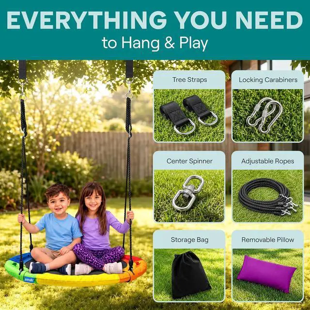 Alt view image 4 of 7 - SereneLife Saucer Swing, Tree Swing, 40 Inch, 900lb Heavy Duty Capacity for Kids, 900D Oxford Waterproof Seat, Adjustable Height Ropes, 2 Strap Tree Hang Kit, Center Swivel Spinner, Rainbow