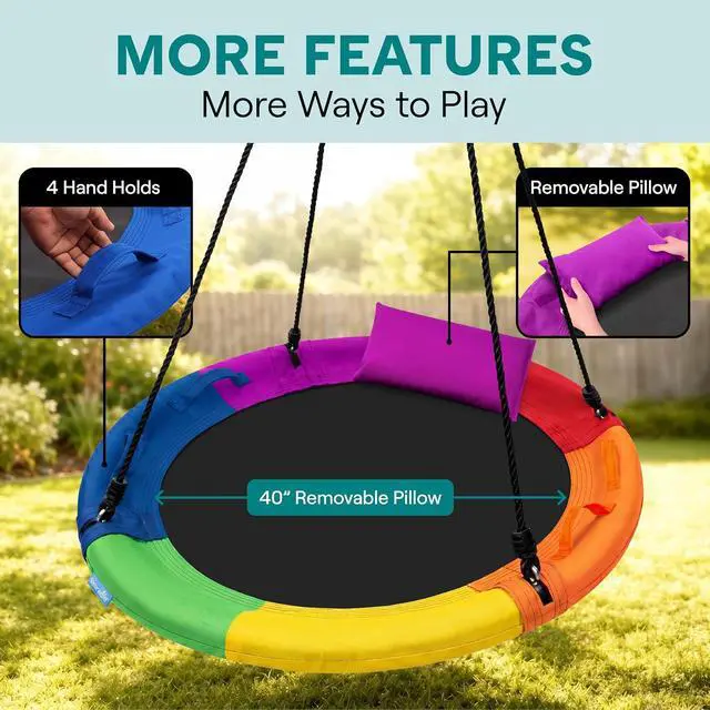 Alt view image 3 of 7 - SereneLife Saucer Swing, Tree Swing, 40 Inch, 900lb Heavy Duty Capacity for Kids, 900D Oxford Waterproof Seat, Adjustable Height Ropes, 2 Strap Tree Hang Kit, Center Swivel Spinner, Rainbow