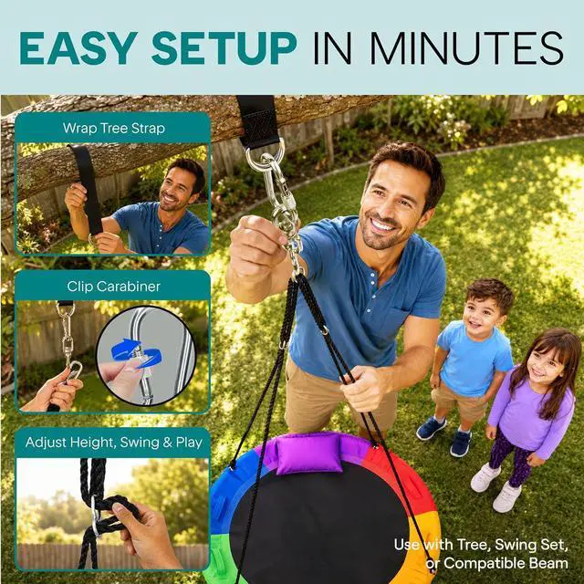 Alt view image 5 of 7 - SereneLife Saucer Swing, Tree Swing, 40 Inch, 900lb Heavy Duty Capacity for Kids, 900D Oxford Waterproof Seat, Adjustable Height Ropes, 2 Strap Tree Hang Kit, Center Swivel Spinner, Rainbow