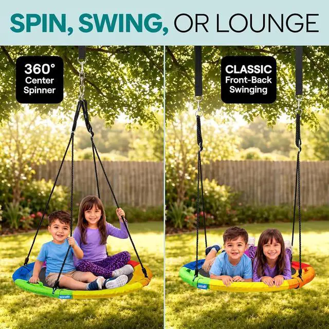 Alt view image 6 of 7 - SereneLife Saucer Swing, Tree Swing, 40 Inch, 900lb Heavy Duty Capacity for Kids, 900D Oxford Waterproof Seat, Adjustable Height Ropes, 2 Strap Tree Hang Kit, Center Swivel Spinner, Rainbow